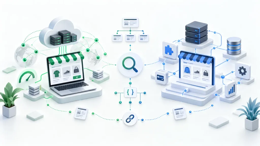 Schematischer Vergleich der SEO-Architektur von Shopware und Shopify